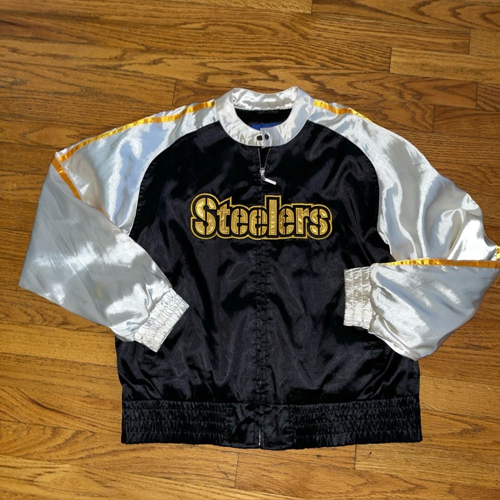 Vtg 90s Pittsburgh Steelers Black and White Satin Jacket unisex XL